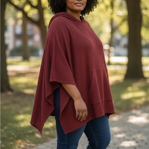 Cozy Hooded Poncho Sweater - Rich Burgundy